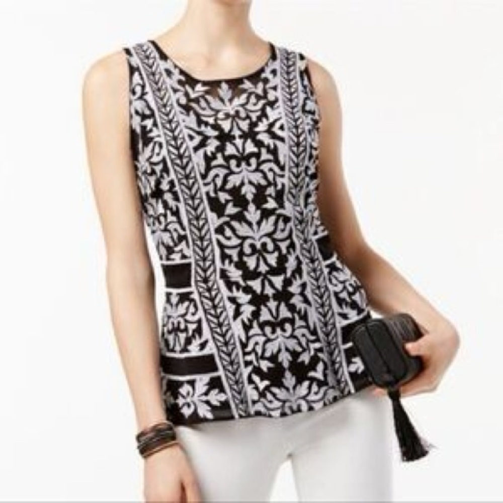 INC International Concepts black and white embroidered peplum top XS